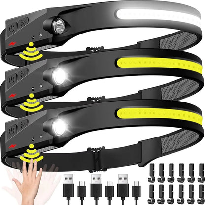 Rechargeable LED Headlamp with Motion Sensor – 230° Wide Beam for Camping, Hiking & Night Fishing