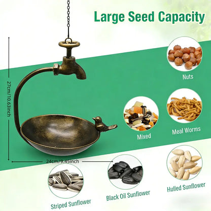 Hanging Bird Feeder With Ornamental Bird & Tap Handmade Metal Art Home Garden Deck Patio Decor Native Avian Seed Feeder Bowl Unique Quality