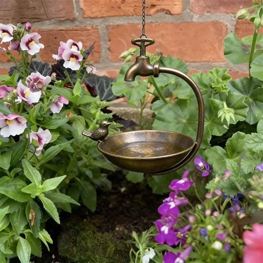 Hanging Bird Feeder With Ornamental Bird & Tap Handmade Metal Art Home Garden Deck Patio Decor Native Avian Seed Feeder Bowl Unique Quality