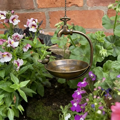 Hanging Bird Feeder With Ornamental Bird & Tap Handmade Metal Art Home Garden Deck Patio Decor Native Avian Seed Feeder Bowl Unique Quality