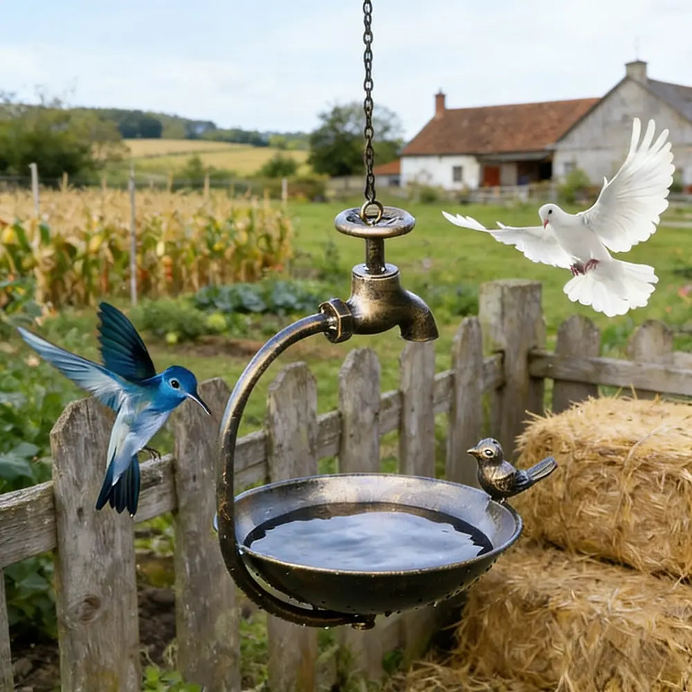 Hanging Bird Feeder With Ornamental Bird & Tap Handmade Metal Art Home Garden Deck Patio Decor Native Avian Seed Feeder Bowl Unique Quality