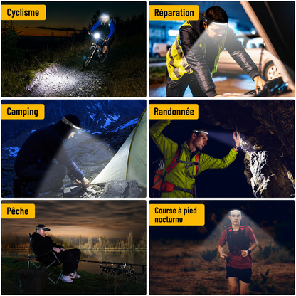 Rechargeable LED Headlamp with Motion Sensor – 230° Wide Beam for Camping, Hiking & Night Fishing